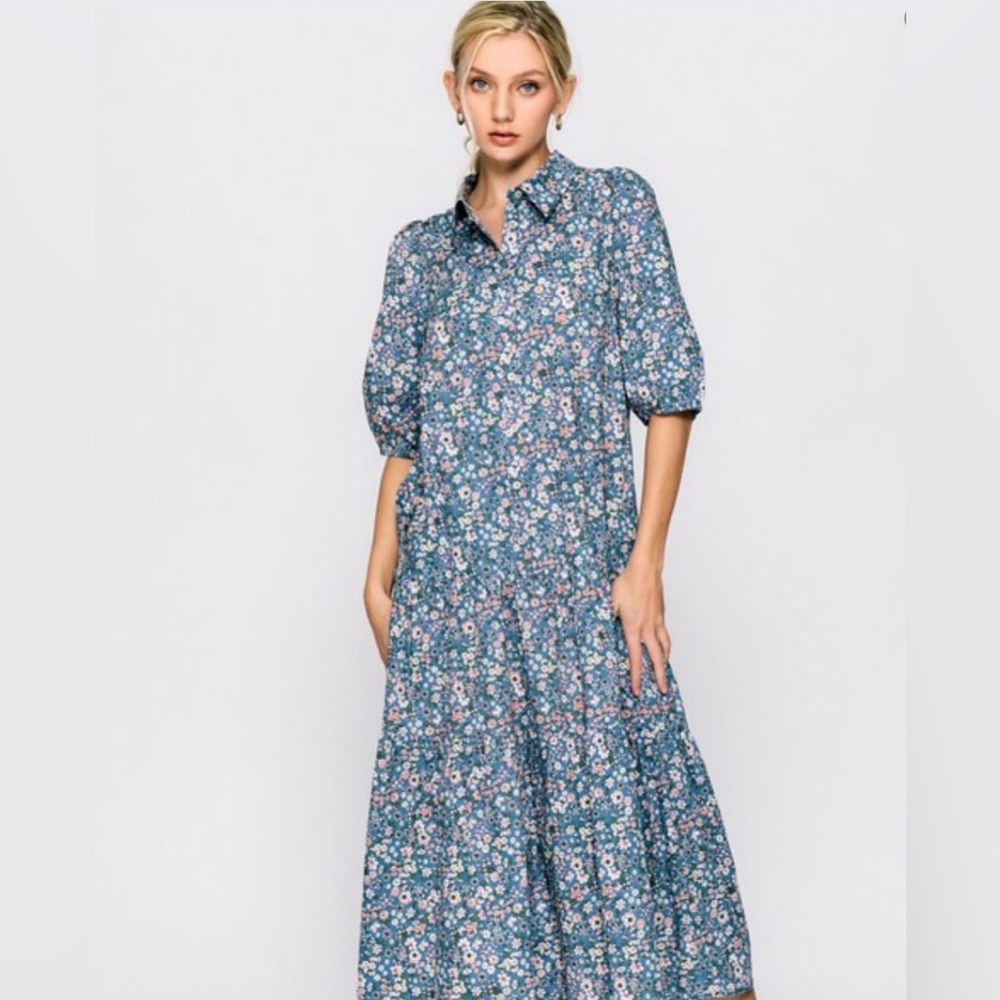 Blue Floral Tiered Shirt Dress - Brand: